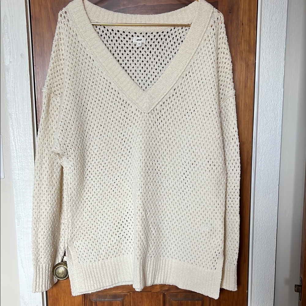 AERIE | Open Knit V Neck Sweater in Toasted Coconut | Large